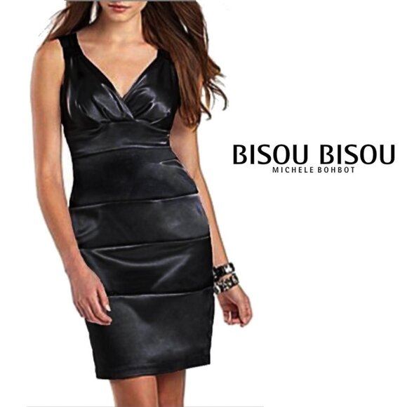 Bisou Bisou NWT Bandage Dress Black Satin Super Sexy Classy Cocktail Party Sz 10 - Picture 1 of 16